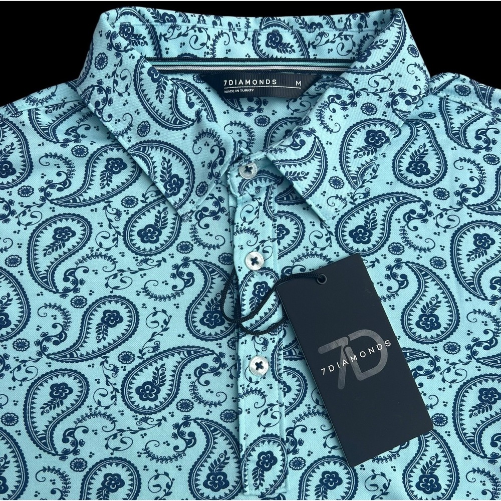 7 Diamonds Men's Aqua/Navy Palmer Pima Cotton Golf Polo Shirt Paisley Size Med.